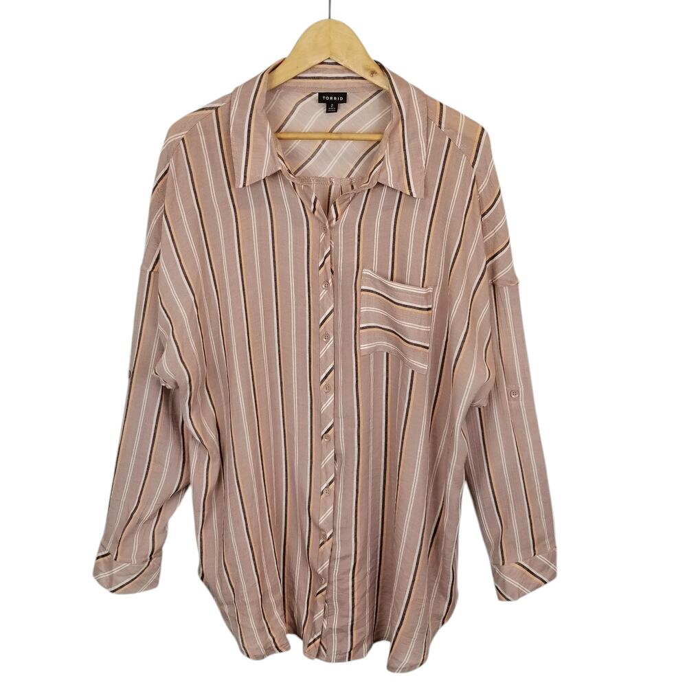 Torrid Women's Lindsay Drop Shoulder Button Up Shirt Blouse Striped Mauve 2X